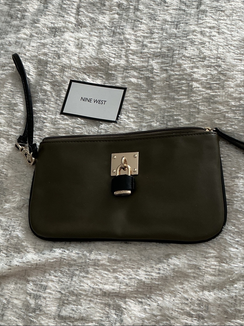 Nine West Olive Green Wristlet with Gold Lock Detail